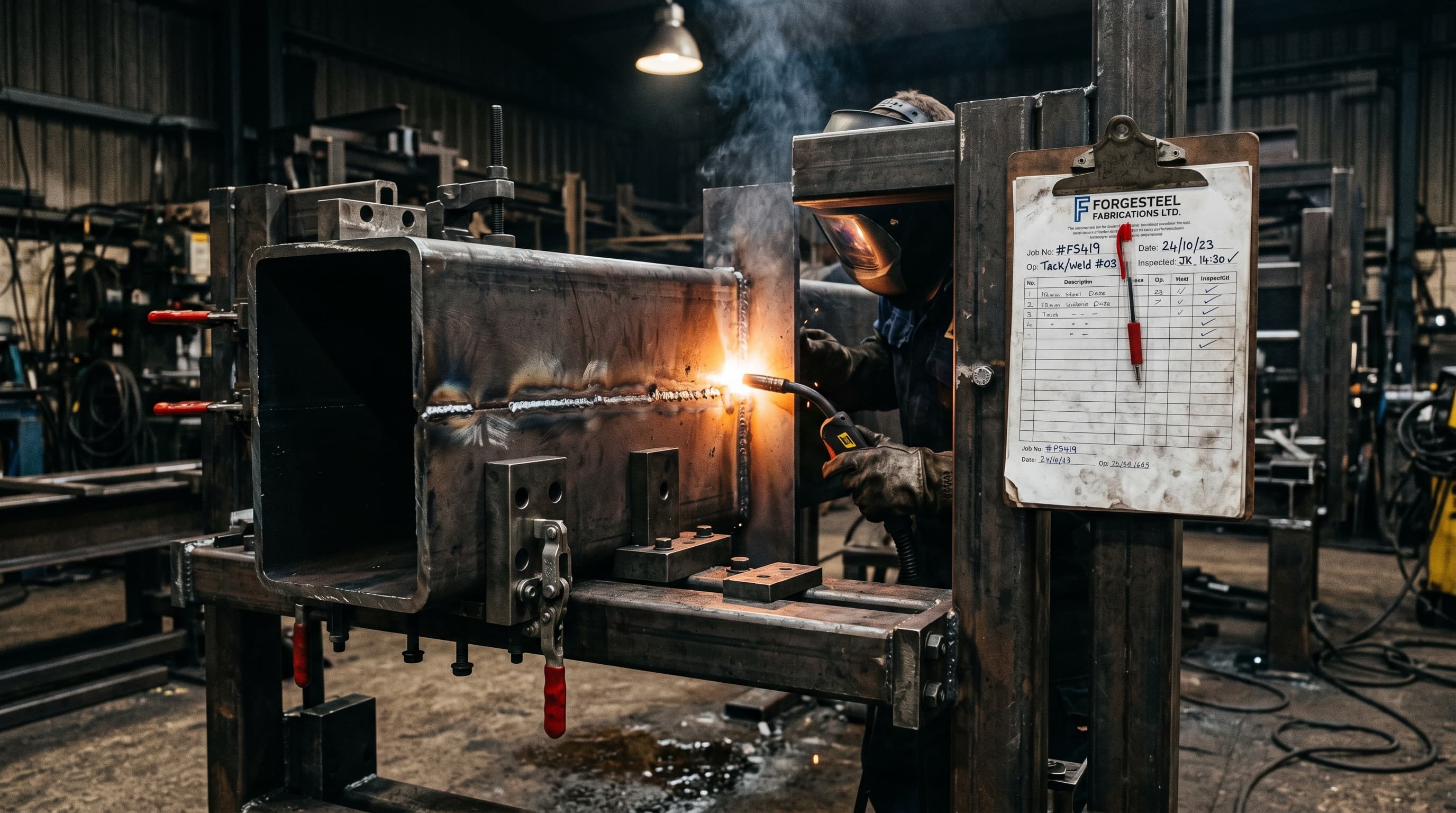 Steel boom clamped in fabrication jig with datum reference blocks and work instruction document, MIG welding arc glow, dark industrial workshop